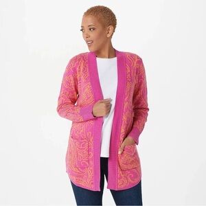 Isaac Mizrahi Paisley Cardigan Double Knit Jacquard‎ Sweater Orange Pink XL